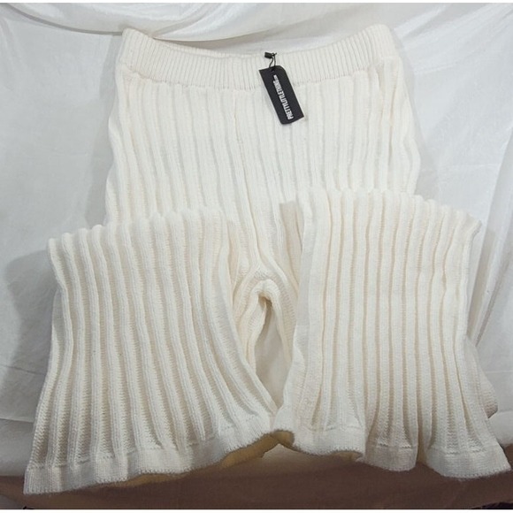 PrettyLittleThing Pants - Pretty Little Thing Wide Flare Leg Ribbed Pants - Cream - Plus Sz XL (US 14/16)